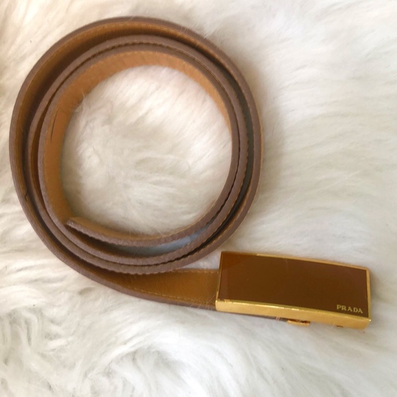 Prada Men's Tan Leather Belt Solid Gold Tone Buckle Classic Adjustable Size 34